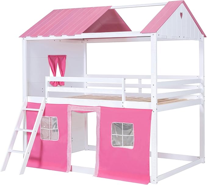 Twin Size House Bunk Bed with Elegant Windows and Sills, Solid Wood Tent Bed Frame with Guardrails for Kids Teens Boys Girls, Versatile Spacious Under Bed Space with Curtains (Pink+White T)