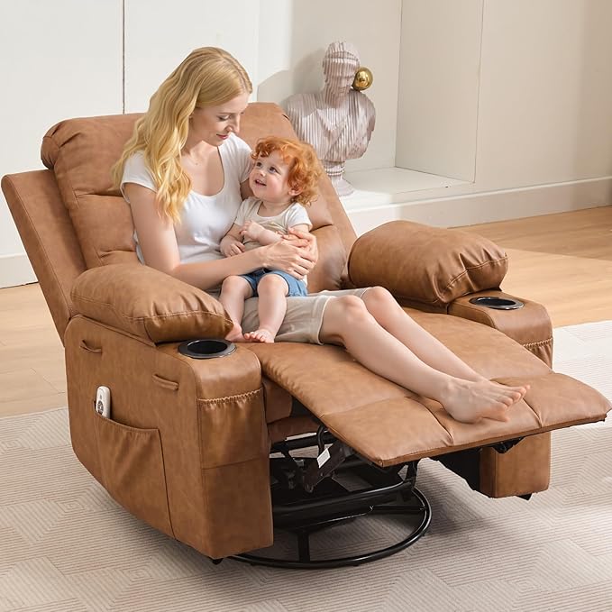 Leather Recliner Chair Nursery, Oversized Manual Reclining Rocking Chair, 360 Swivel Glider with Cup Holder, Massage and Heat Recliner, Small Sofa Chairs for Adults, Living Room, RV, Bedroom, Brown