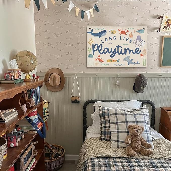 Playroom Wall Decor, Ocean Nursery Kids Toddler Boy Playroom Decor Hanging Linen Banner,Play Room Wall Decorations for Kids Boys Nursery, 20x30 Inch