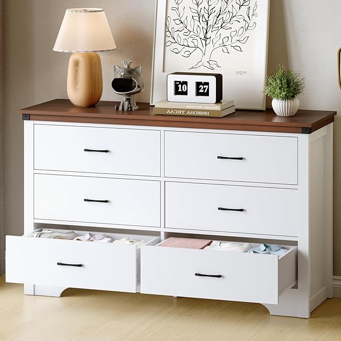 Farmhouse 6 Drawer Dresser for Bedroom, 51" Wide Chest of Drawers, Wooden Dresser Tv Stand, Storage Dressers Organizer for Bedroom, Living Room, Hallway, White