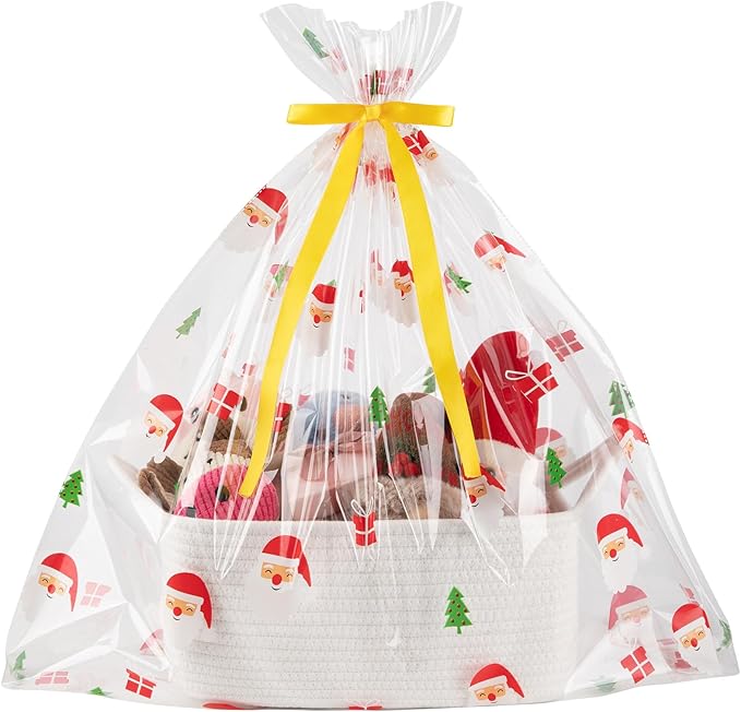 OIAHOMY Woven Basket, Gift Basket Empty with Gift Bags and Ribbons, Rope Baskets for Baby Showers, Storage Baskets with Handles for Nursery, Pet Toy Organizer - Christmas White