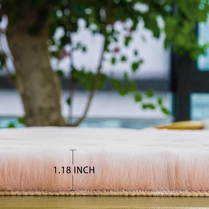 Pink Plush Washable Fluffy Fur Rugs for Living Room Shag Faux Rabbit Fuzzy Fur Area Rugs for Bedroom 2x6 Rug Oblong Nursery Rug