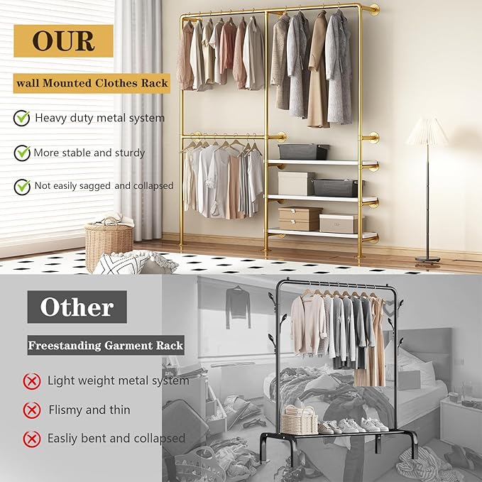 Industrial Pipe Clothing Rack, Gold Clothing Rack with Shelves, Wall Mounted Clothes Rack Heavy Duty Closet Organizers Wardrobe Multi-Purpose Storage Clothes Hanging Shelf - 70.8''L Gold