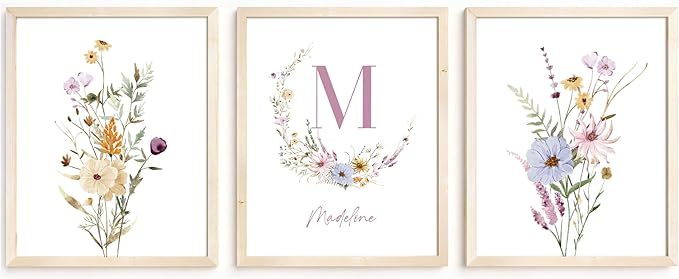 Personalized Name Flower Nursery Wall Art Prints, Crib & Nursery décor, Newborn Baby Girl Gift Present, Floral Baby Girl Room Pictures, Poster For Baby And Kids (3 Prints, Flower 6)