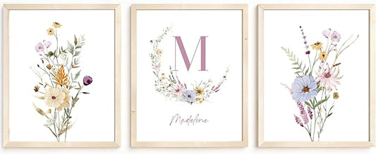 Personalized Name Flower Nursery Wall Art Prints, Crib & Nursery décor, Newborn Baby Girl Gift Present, Floral Baby Girl Room Pictures, Poster For Baby And Kids (3 Prints, Flower 6)