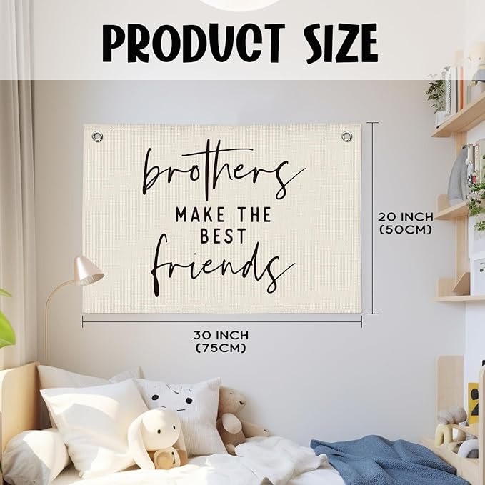 Brothers Make The Best Friends Banner - Boys Room Decor, Toddler Boy Room Decor, Linen Wall Hanging Canvas Flag for Nursery Playroom