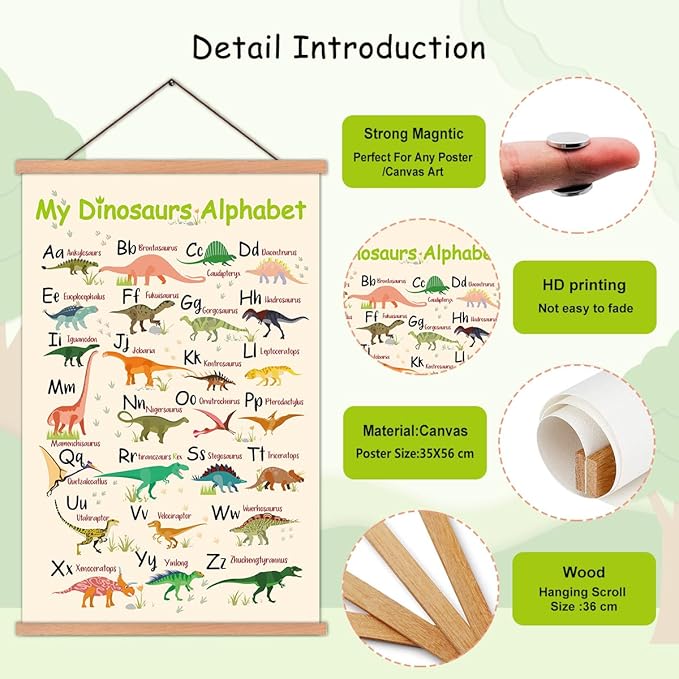 KARINE Dinosaurs Alphabet Poster,Animal ABC Learning Wall Art with Magnetic Hanging Frame(14”X22”) A TO Z Educational Poster,Dinosaur Alphabet Chart Hanger Gift for Kids Boys Playroom Classroom Decor