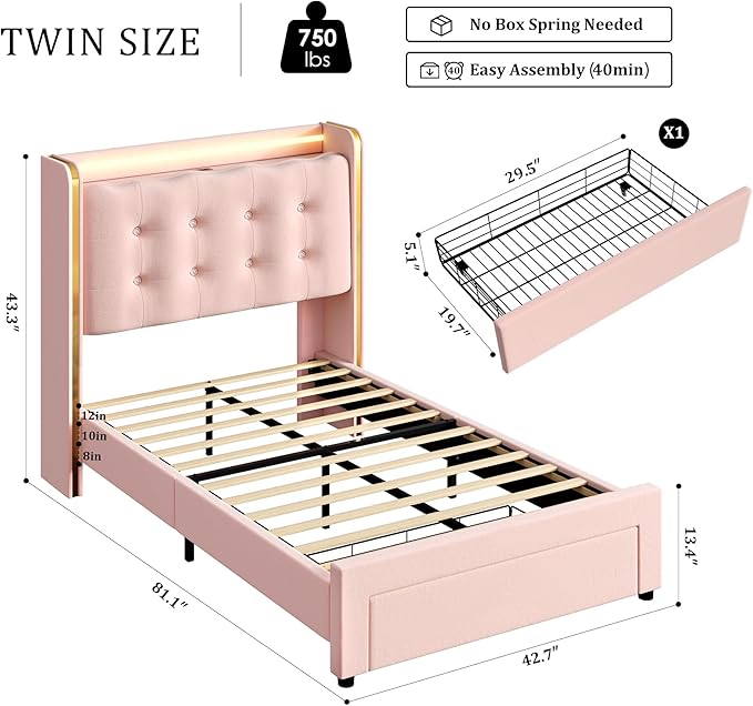 HITHOS Upholstered Twin Led Bed Frame with Charging Station and Storage Drawer, Velvet Princess Platform Bed Frames with Crystal-Button Tufted Headboard for Girls | Kids, No Box Spring Need, Pink