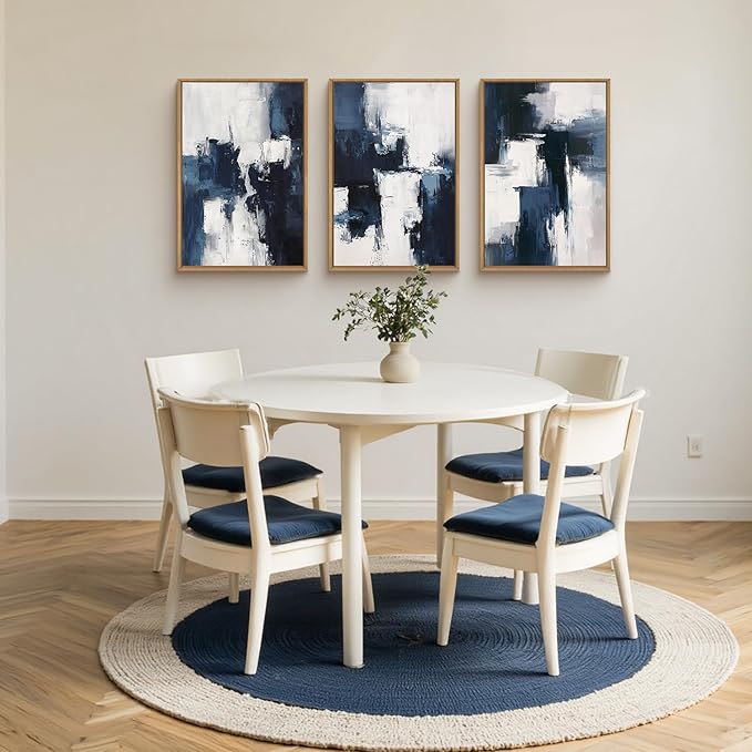 HLNIUC Navy Blue Abstract Wall Art Set of 3, Gray White Modern Neutral Art Decor(16x24), Minimalist Brush Strokes Wall Painting, Dark Geometric Textured Canvas Prints for Living Room, Bedroom, Office