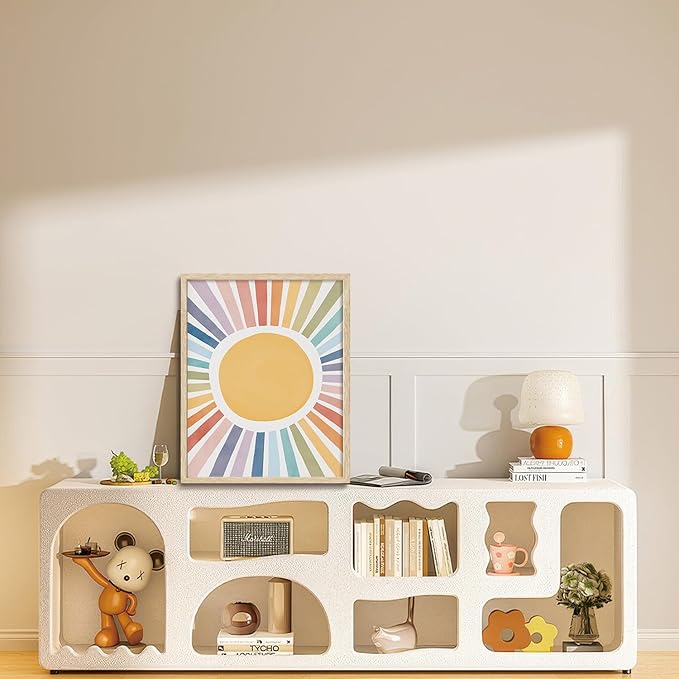 KISSFOX Framed Wall Art Nursery Wall Decor Sunshine Pictures Kids Cute Rainbow Canvas Art Colorful Sweet Paintings Boho Sunburst Artwork For Children Boys Girls Room Playroom