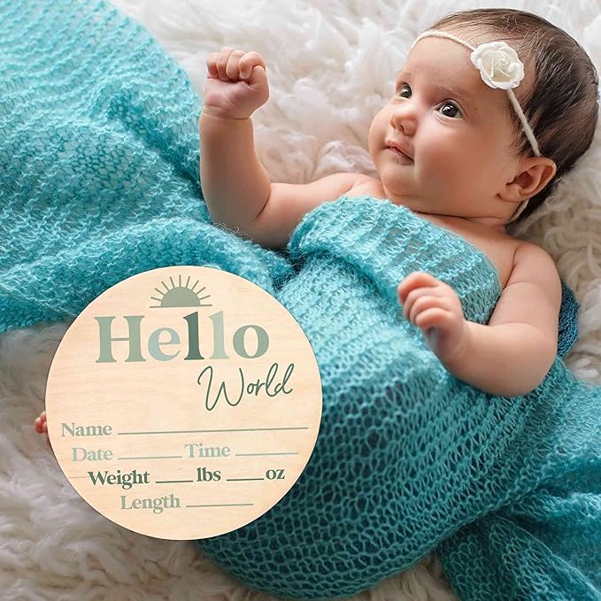 Hello World Newborn Sign - Baby Name Birth Announcement Plaque for Hospital - Photo Prop - Green Nursery Decor - Shower Gift