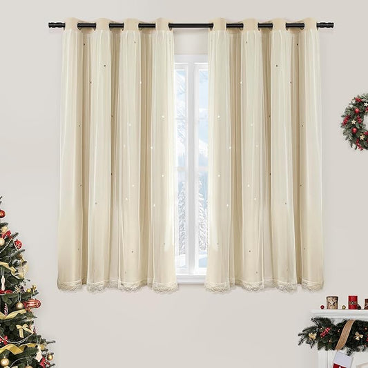 XiDi Beige Curtains with Sheer Overlay for Living Room Bedroom 2 Panels Star Hollow Out 80% Blackout Double Layer Curtains for Kids Girls Room Darkening Grommet Window Drapes with Tiebacks W34 X L63