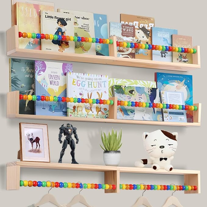 Nursery Book Shelves 32 inches Set of 3,Wall Bookshelves for Kids,Nursery Shelves for Bookshelf Wall,Book Shelf Organizer for Kids(Five-Color Beads)