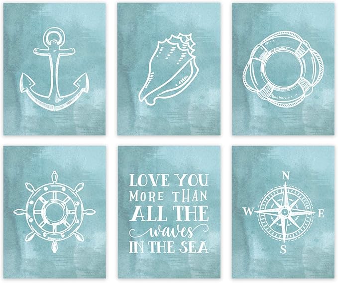 Andaz Press Ocean Nautical Sailor Theme Nursery Kids Bedroom Hanging Wall Art Decor, 8.5x11-inch, Watercolor Aqua Blue, Compass, Anchor, Shell Graphics, 6-Pack, Unframed Room Poster