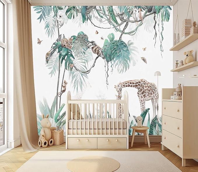 XMPMBM-Tropical Rainforest Plant Animals Wallpaper Nursery Room Cartoon Banana Leaf Botanical Wall Mural-W 154" X H 105"（112 Square Foot）