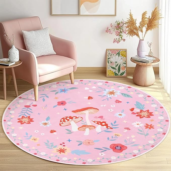 4' Machine Washable Round Area Rug, Non-Slip Vintage Floral Circle Floor Rugs for Kids, Low Pile Room Carpet for Living Room, Bedroom, Dining Room & Nursery(4' Pink Mushroom)