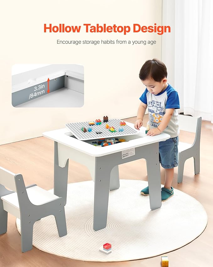 VEVOR Kid Activity Table and 2 Chairs Set, 23*23*20inch Graffiti & Building Blocks Double-Sided Tabletop, Toddler Play Table with Storage for Kids 3+ Years, Large Storage Space, Gift for Boys & Girls