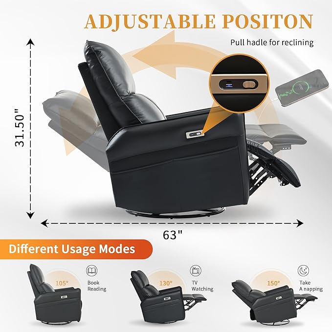 Power Swivel Rocker Recliner Chair for Nursery, Upholstered 270° Swivel Glider Chair with USB Ports, Power Recliners for Small Spaces Living Room