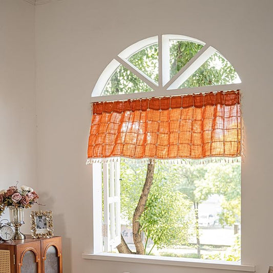 Deeprove Burnt Orange Boho Curtain Valance 18 Inches Length Teal Bohemian Lattice Gingham Textured Embroidery Plaids, Vintage Chic Tassels Casual Fall Decor Drapes Rod Pocket, 1 Panel W52 x L18