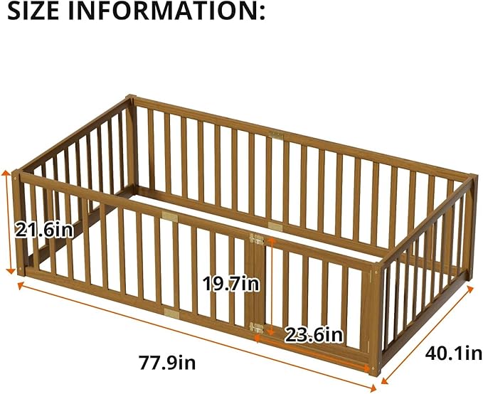 LLS Twin Size Floor Bed with 21.6" High Fence for Kids Boys Girls, Solid Wood Multifunctional Montessori Bed Frame with Door, Without Slats, Light Espresso