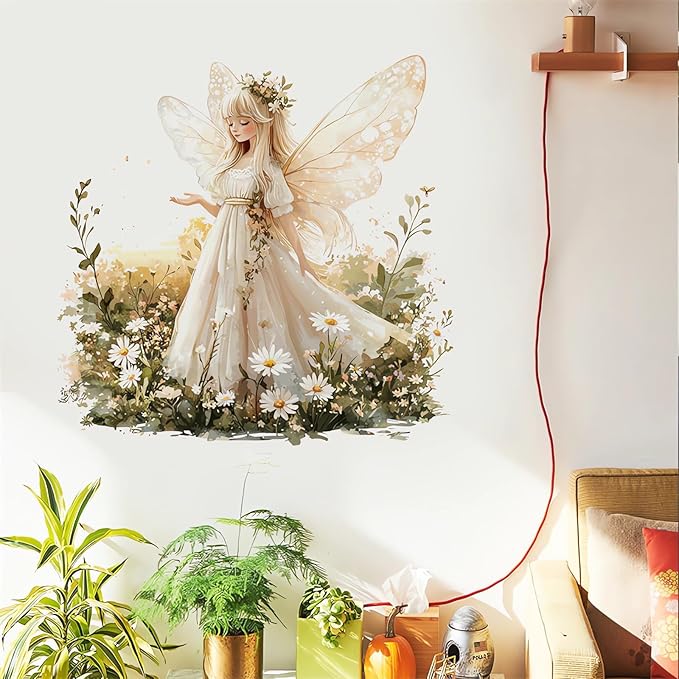 Angel Girl Butterfly Fairy Wall Stickers, Daisy Flower Girl Wall Decals Removable Vinyl Peel and Stick Kids Baby Children Nursery Bedroom Toddler Room Art Home Decorations