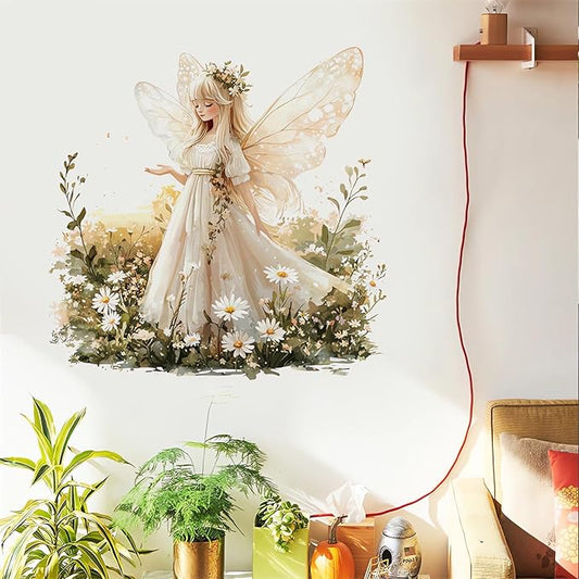 Angel Girl Butterfly Fairy Wall Stickers, Daisy Flower Girl Wall Decals Removable Vinyl Peel and Stick Kids Baby Children Nursery Bedroom Toddler Room Art Home Decorations