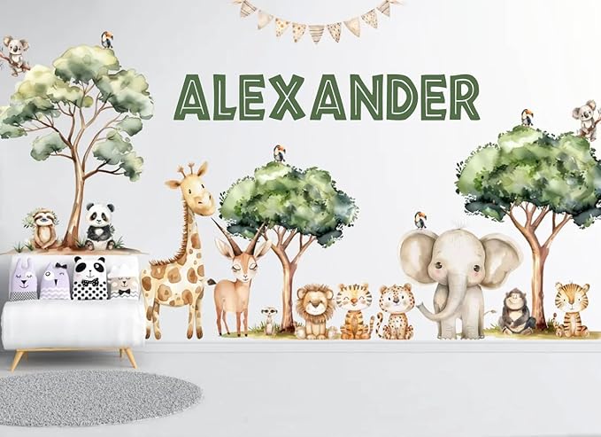 Personalized Safari Name Wall Decal for Kids Room – Custom Woodland Animal Nursery Wall Stickers – Jungle Themed Vinyl Wall Art – Giraffe Elephant Lion Baby Room Decor – Boys Girls Bedroom Mural
