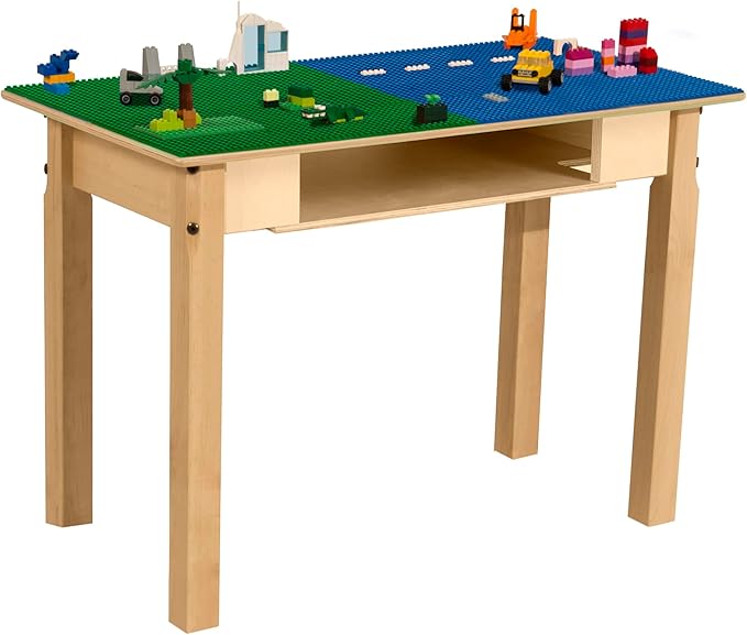Contender Time-2-Play 30.75" Rectangular Blue & Green Lego Blocks Compatible Play Table with 20" Long Legs, Natural Finish Birch Children Activity Play Desk [Greenguard Gold Certified]