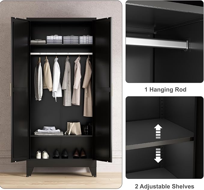 71'' Farmhouse Metal Wardrobe Cabinet with Hanging Rod, 2 Barn Door Wardrobe Closet with 2 Adjustable Shelves,for Dining Room,Bedroom,Living Room, Cloak Room,Office (Black)