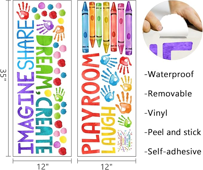 Mfault Playroom Wall Decals Stickers, Crayon Handprint Polka Dots Inspirational Quote Nursery Decorations Daycare Art, Laugh Imagine Share Dream Create Toddler Kids Room Bedroom School Classroom Decor