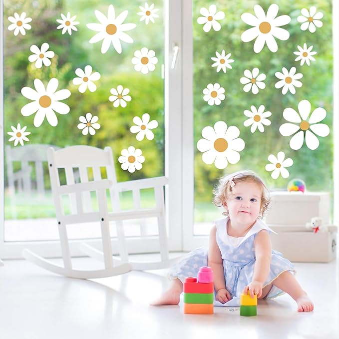 TaoBary 12 Sheets Daisy Wall Decal Flower Wall Sticker Cute Daisy Sticker Pink White Flower Decal Peel and Stick Floral Wallpaper for Nursery Bedroom Home Decor(White, Yellow,Classic Style)
