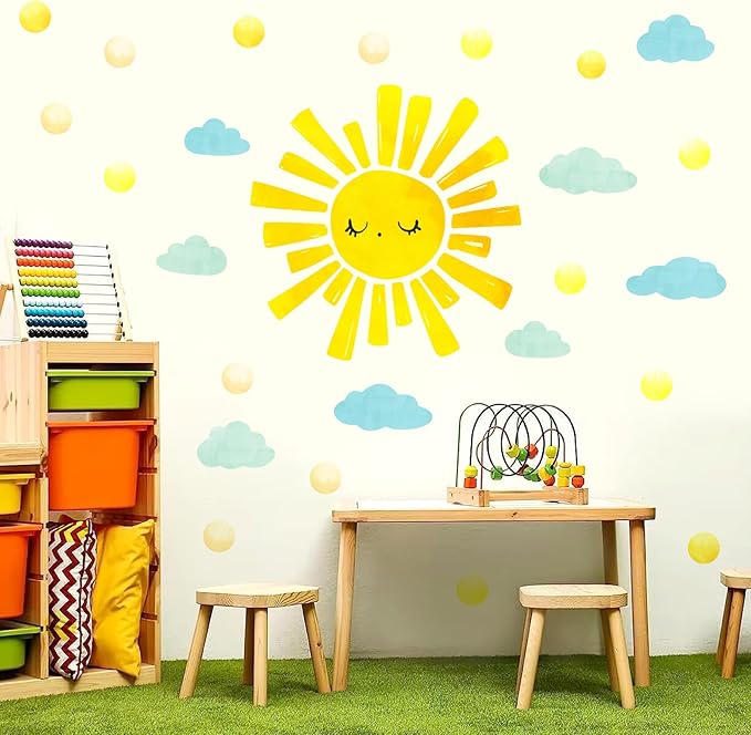 Watercolor Sun Cloud Wall Decals Large Sun and Clouds Wall Stickers Yellow Polka Dots Decal Peel and Stick Big Sun Wall Stickers for Kids Room Baby Nursery Bedroom Playroom Decor