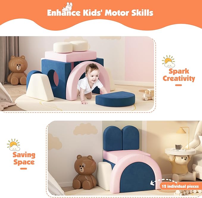 12 PCS Modular Kids Play Block Couch Child Sectional Soft Sofa Toddler Building Fortplay Climbing Bedroom Playroom Baby Convertible Floor Foam Cushion for Boys & Girls (Pink+Blue+Beige)
