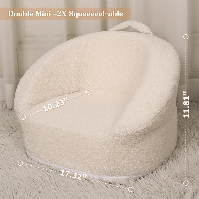 Mini Plush Teddy Bear Kids Sofa Chair - 17.3'' Compact Portable Toddler Chair with Carry Handle, Washable Cover, Safe Sturdy Design - Suitable for Boys and Girls - White