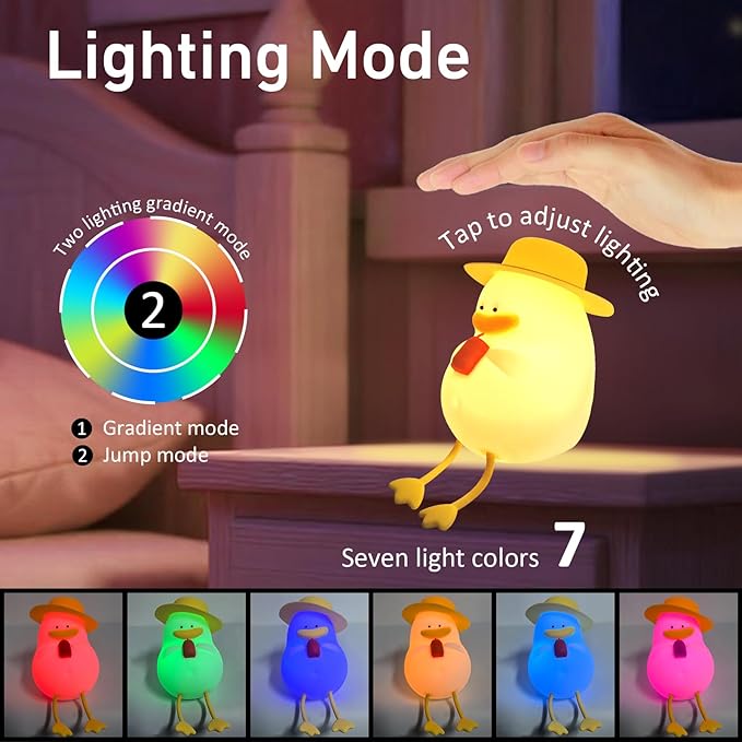 Cute Duck Night Light for Kids - 7 Color Squishy Silicone Duck Lamp, Rechargeable Portable Tap Control Duck Light for Nursery Bedside Room Decor Gift for Baby Boy Girl Birthday Christmas