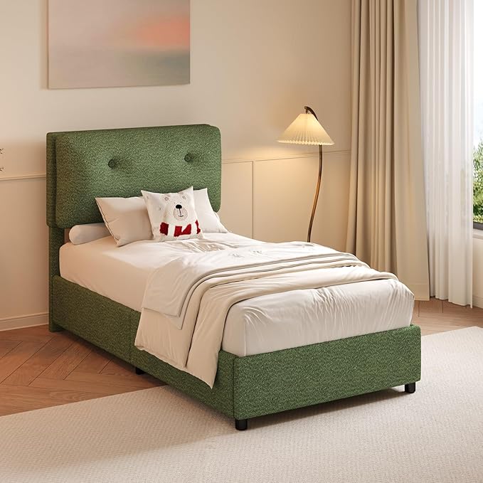 Twin Size Bed Frame, Cloud Boucle Upholstered Bed Frame with Headboard, Twin Bed Frames for Kids, Adjustable Headboard, No Box Spring Needed, Easy Assembly, Green