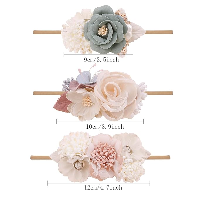 Baby Girl Floral Headbands- 3pcs Nylon Headband Handmade Flower Crown Elastic Hairband Newborn Toddler Hair Accessories Gifts for Girls （1-6 years old）