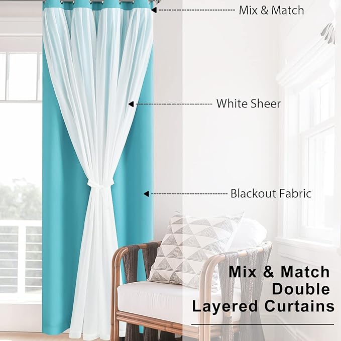 Hiasan Blackout Curtains with Sheer Overlay, Thermal Insulated Sun Blocking Grommet Window Curtains for Bedroom, Living Room, Kids' Room, 2 Drape Panels with Tiebacks, Turquoise, 52W X 96L