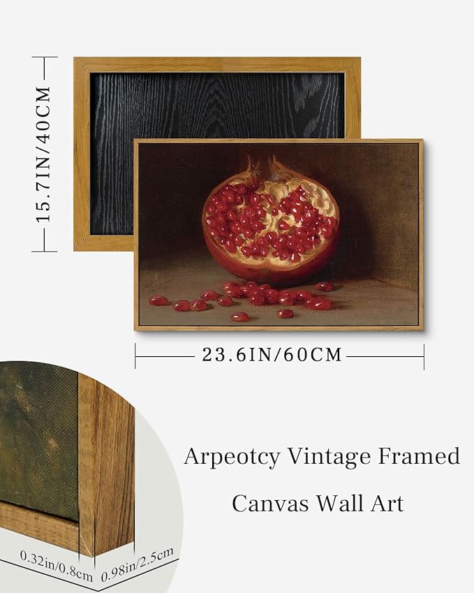 ARPEOTCY Still Life Vintage Wall Art, Pomegranate Fruit Framed Canvas Art Decor, Classical Farmhouse Wall Decor for Living Room, Large Vintage Painting for Kitchen, Dining Decorations, 16x24 inch