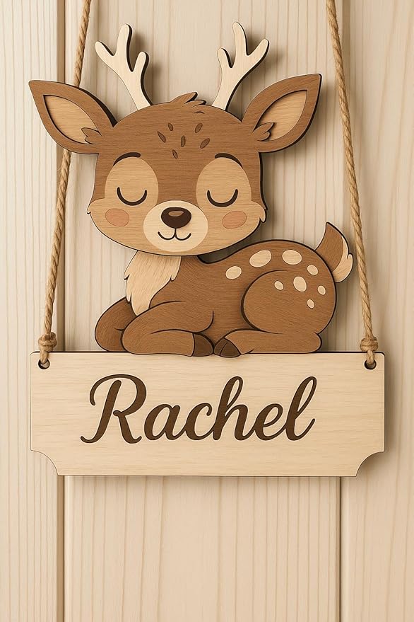 Deer Personalized Door Hanger for Nursery Wall Art – Custom Wooden Door Plaque with Cute Baby Deer, Nursery Wall Decor for Boys or Girls, Animal Nursery Decor