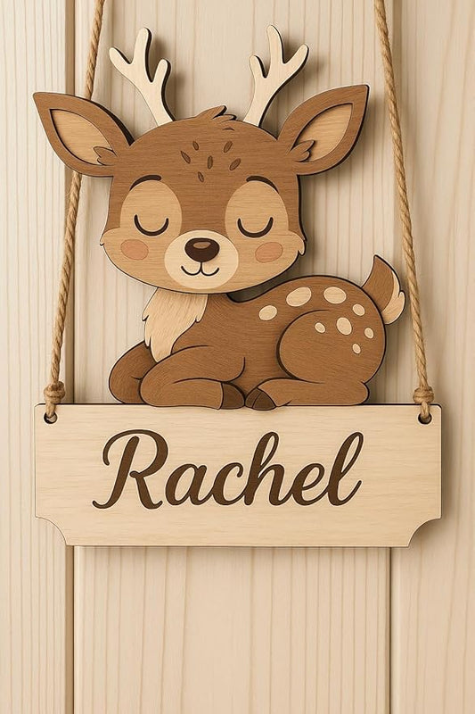Deer Personalized Door Hanger for Nursery Wall Art – Custom Wooden Door Plaque with Cute Baby Deer, Nursery Wall Decor for Boys or Girls, Animal Nursery Decor