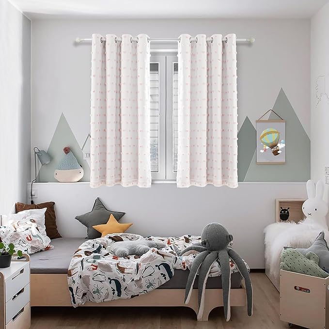MYSKY HOME Pink Pom Pom Blackout Curtains for Girls Bedroom 63 Inch Long 100% Blackout Curtains for Kids Room 2 Panels Room Darkening Small Window Treatment Grommet 2 Layered Drapes Toddler 52W x 63L
