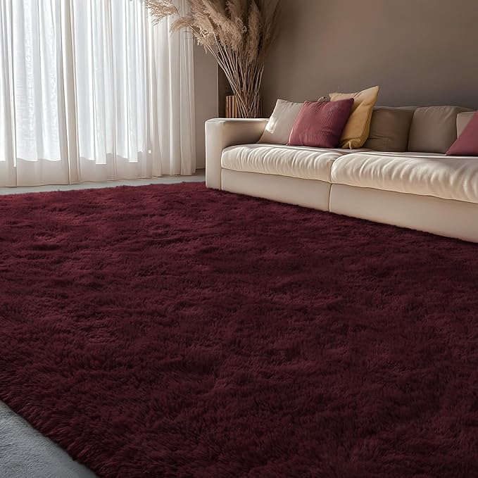 EVOIONOS 5x7 Washable Large Area Rug for Living Room, Fluffy Shag Bedroom Rug, Ultra Soft Plush Non Slip Carpet Indoor Floor Bedside Nursery Kids Girls Room Dorm, Home Decor Aesthetic, Midnight Red