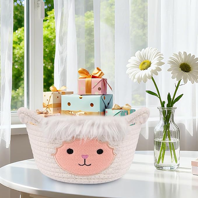 Small Storage Basket for Nursery, Sheep Woven Animal Gift Basket, Round Woven Rope Cotton Storage, Baby Blanket 0rganizer with Ears Handles, Blanket Towel Decor Storage Bins, 8.2"D x 4.7"H IN