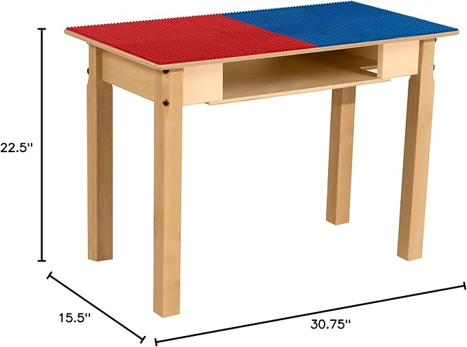 Time-2-Play 30.75" W Rectangular Montessori Red & Blue Lego Compatible Blocks Play Table with 22" Long Legs, Birch Plywood Activity Desk for Kids, Solid Wood Table for Playroom