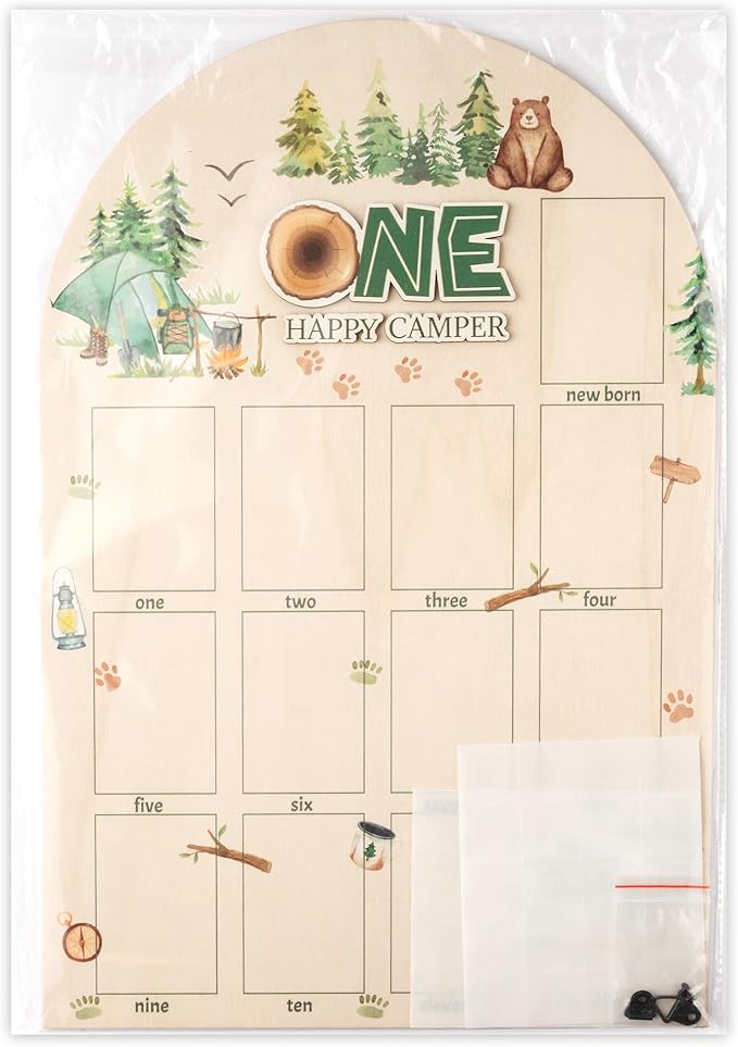 R HORSE My First Year Photo Display Wood Board - 3D One Happy Camper Baby's First Year Picture Frame, 12 Months Camping Milestone Board Neutral Keepsake Gift 1st Birthday Nursery Decor for Boy Girl
