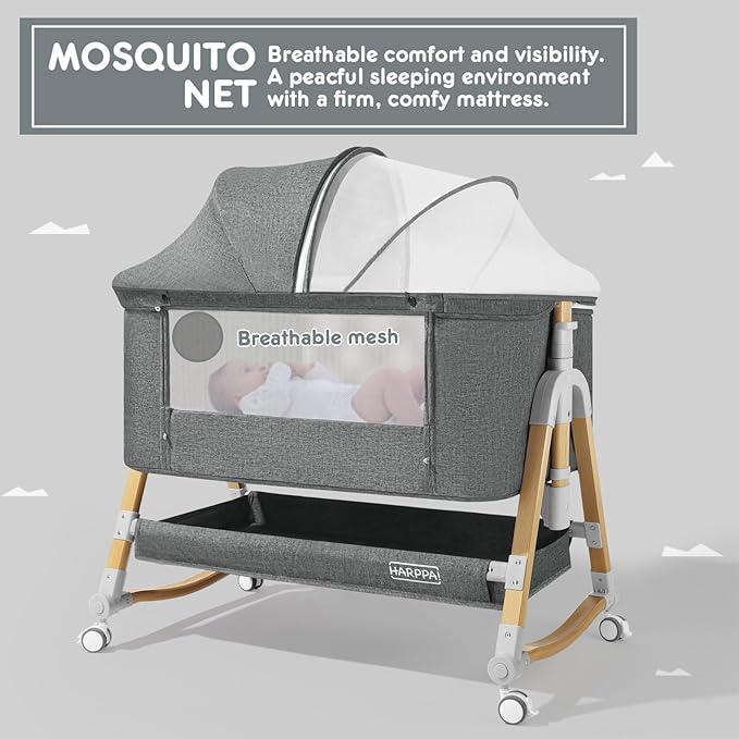 HARPPA Cuddly Bassinet, 3 in 1 Baby Bassinet, Rocking Bedside Bassinet with Wheels, 5 Height Adjustable, Includes Mosquito Net, Mattress, Anchor Strap