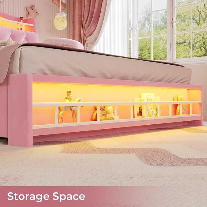 BTHFST Twin Bed Frame with Storage Headboard & 4 Drawers, Girl Upholstered Storage Bed with LED Lights & Charging Station, No Box Spring Needed, Easy Assembly, Pink