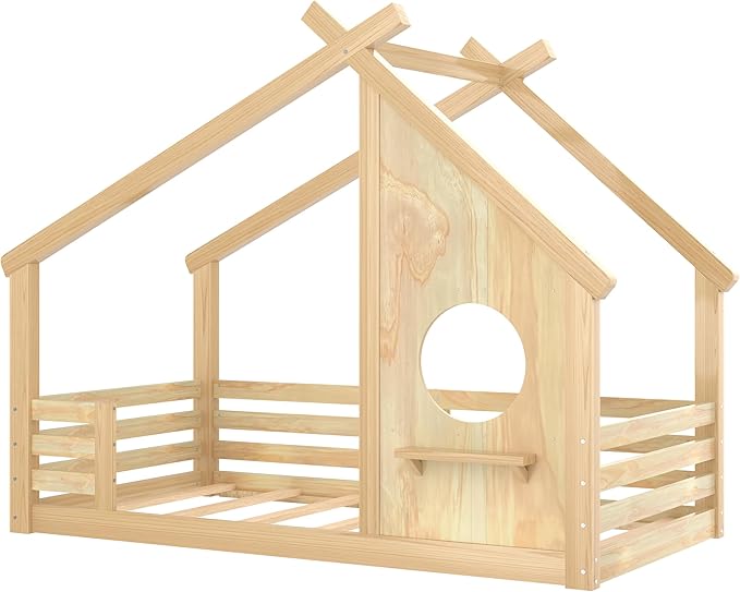 Polibi Twin Size House Floor Bed with Window and a Small Shelf, Solid Wood Low Profile Floor Bed for Kids, No Box Spring Needed, Natural