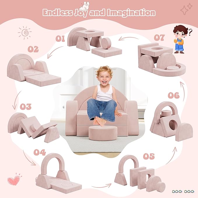 7 PCS Modular Kids Play Block Couch Child Sectional Sofa Toddler Building Fortplay Bedroom Playroom Baby Convertible Floor Foam Cushion for Boys & Girls (Pink-Single)